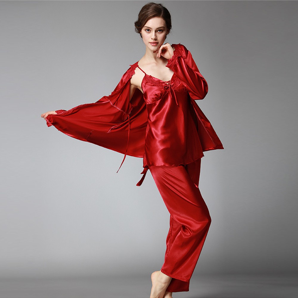Womens Satin Lace Robe Camisole & Pants 3Pcs Pajamas Sets - Robesbuy