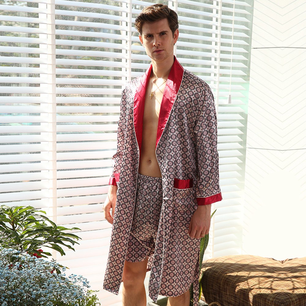 Mens Summer Kimono Robe With Shorts Lightweight Luxury Style Red - Robesbuy