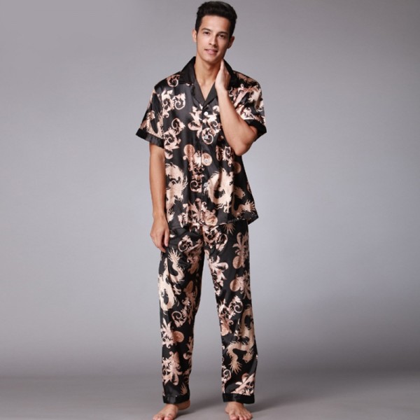 Mens Satin Shirt & Pants 2Pcs Pajamas Sets Dragon Print Short Sleeve