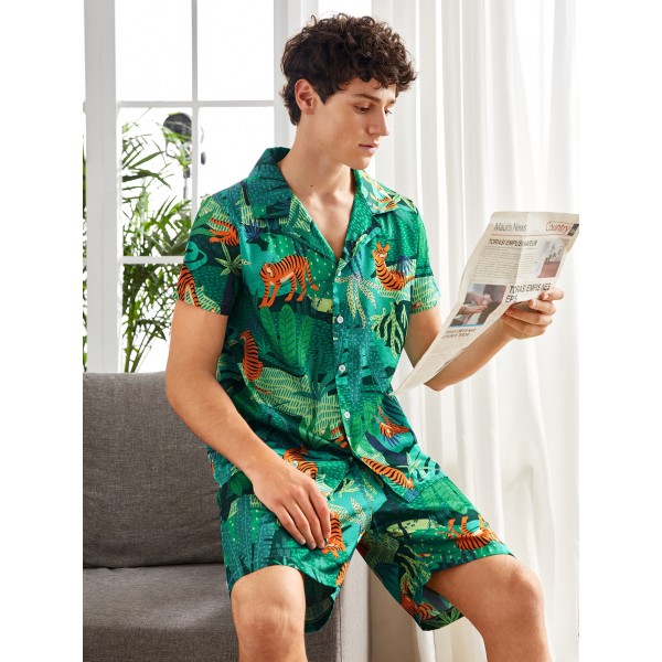Mens Pajama Set Short Sleeve Loungewear Sleepwear Shirts with Shorts Green