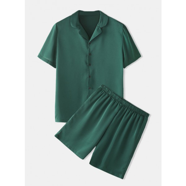 Mens Pajama Set Short Sleeve Loungewear Sleepwear Shirts with Shorts Pure Green