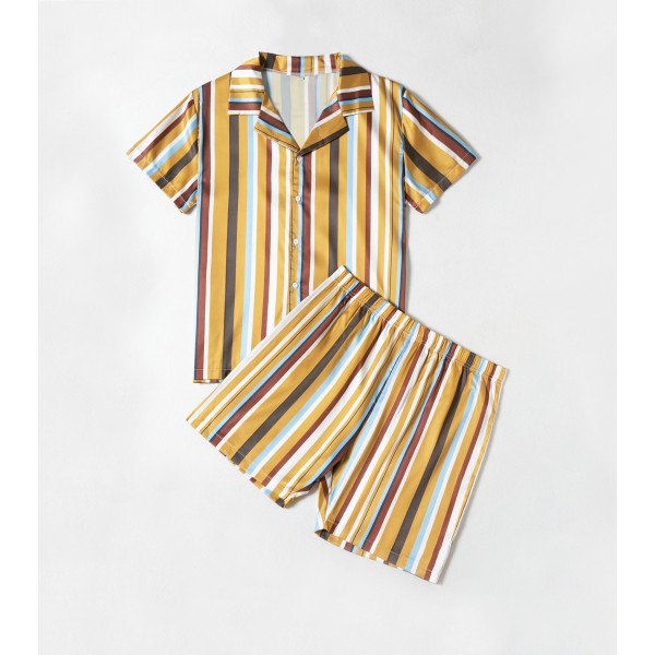 Mens Pajama Set Short Sleeve Loungewear Sleepwear Shirts with Shorts Vertical Stripes Yellow