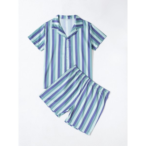 Mens Pajama Set Short Sleeve Loungewear Sleepwear Shirts with Shorts Vertical Stripes Blue