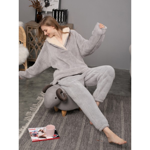 Womens Pajama Sets Fluffy Flannel Sleepwear Warm Loungewear Gray