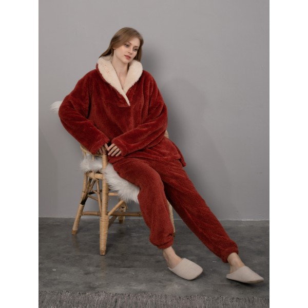 Womens Pajama Sets Fluffy Flannel Sleepwear Warm Loungewear Red