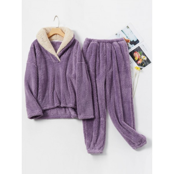 Womens Pajama Sets Fluffy Flannel Sleepwear Warm Loungewear Purple