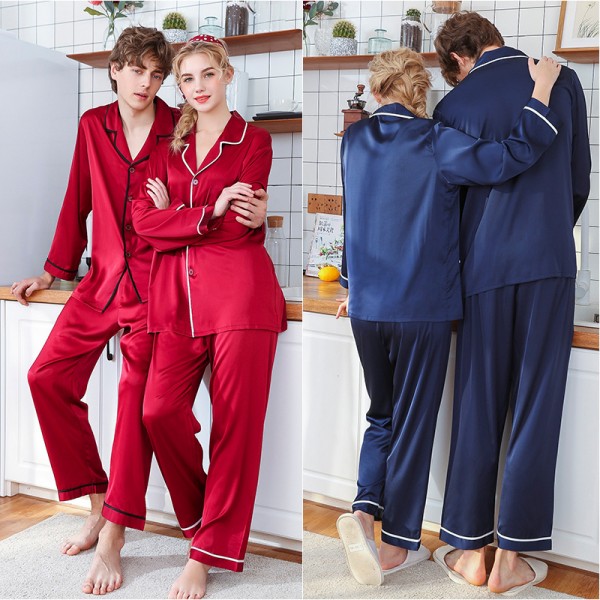 Womens & Mens Satin Shirt & Pants 2Pcs Pajamas Sets Simple Style