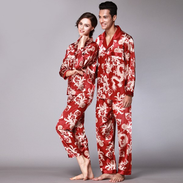 Womens & Mens Satin Shirt & Pants 2Pcs Pajamas Sets Dragon Print