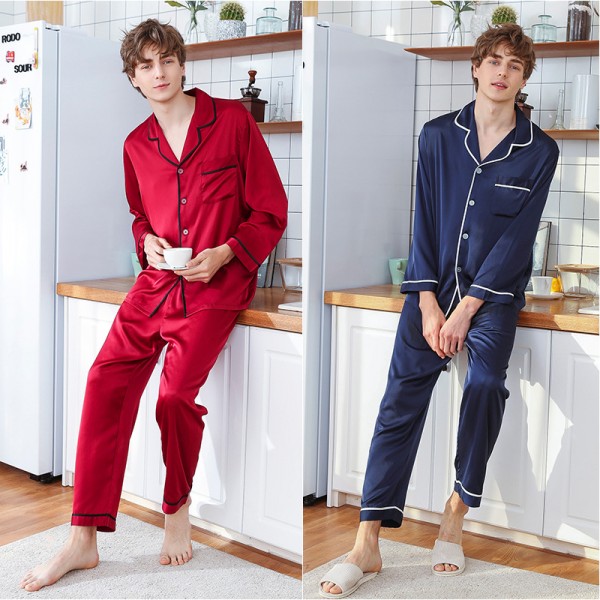 Mens Satin Shirt & Pants 2Pcs Pajamas Sets Simple Style