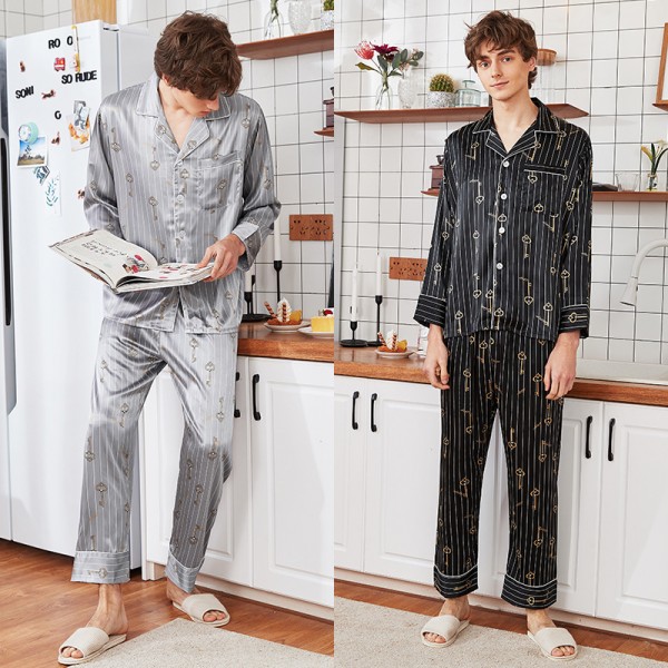 Mens Satin Shirt & Pants 2Pcs Pajamas Sets Striped Key Print