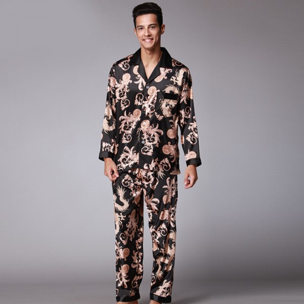 Mens Satin Shirt & Pants 2Pcs Pajamas Sets Dragon Print