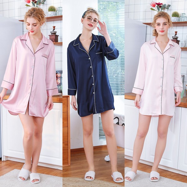 Womens Satin Nightshirt Pajamas Sleepwear Simple Solid Color - Robesbuy