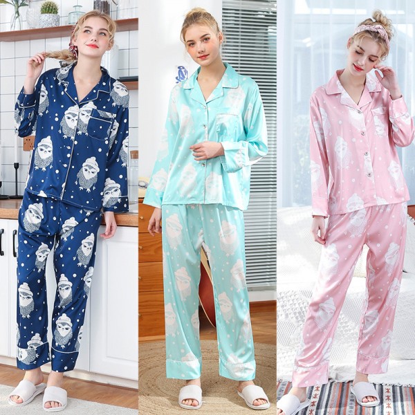 Womens Satin Shirt & Pants 2Pcs Pajamas Sets Owl Print