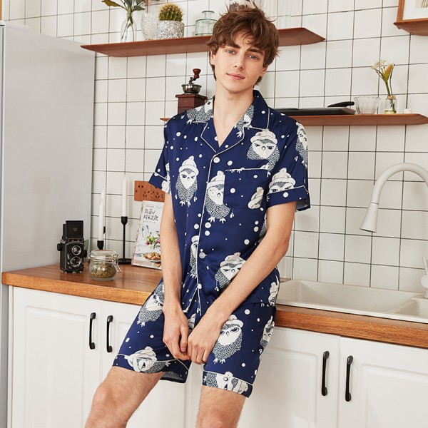 Mens Summer Satin Shirt & Shorts 2Pcs Pajamas Sets Owl Print