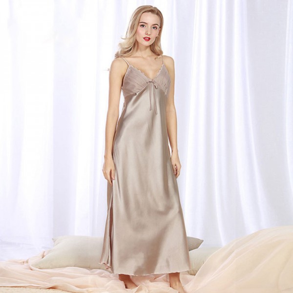 Womens Summer Long Satin Nightgown with Lace