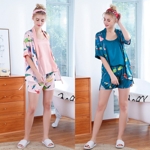 Womens Summer Satin Robe Camisole & Shorts 3Pcs Pajamas Sets Flamingo Print