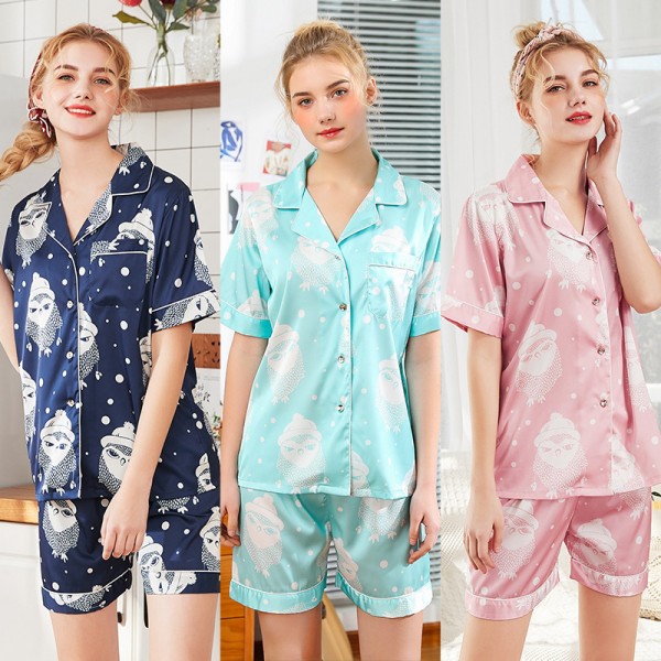 Womens Summer Satin Shirt & Shorts 2Pcs Pajamas Sets Owl Print