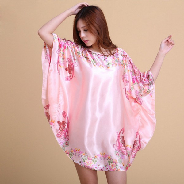 Womens Summer Pink Satin Batwing Sleeve Pullover Nightgown