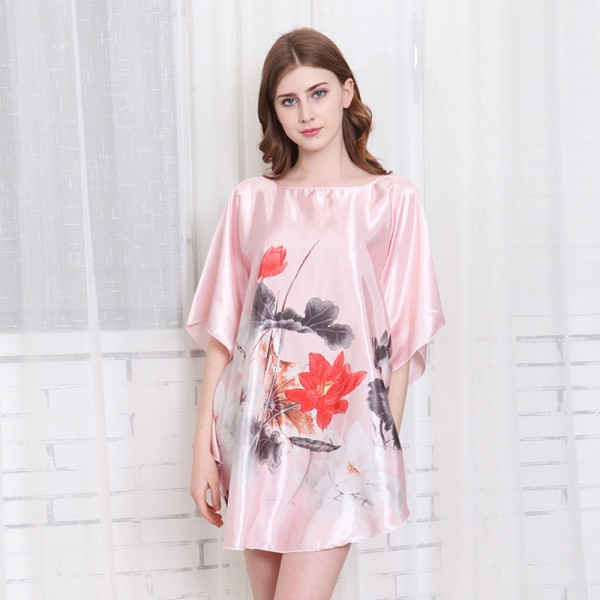 Womens Summer Satin Batwing Sleeve Pullover Nightgown Ink Painting Print