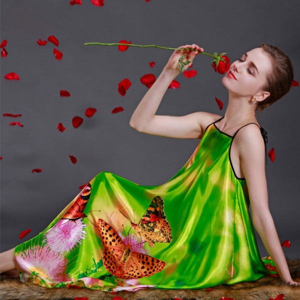 Womens Summer Green Satin Nightgown Butterfly Print