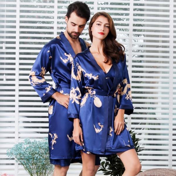 Womens & Mens Kimono Robe Maching Couples Sleepwear Summer Lightweight Blue