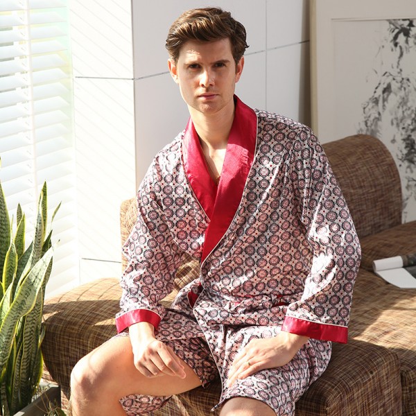 Mens Summer Kimono Robe With Shorts Lightweight Luxury Style Red