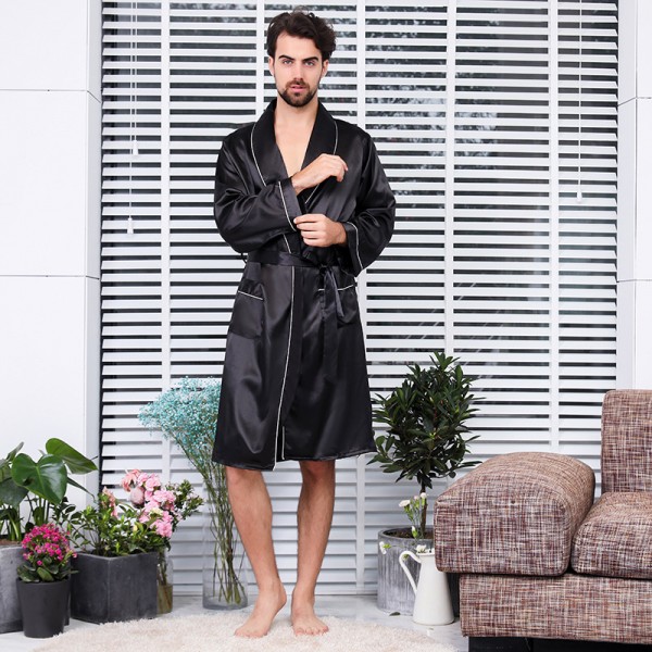 Summer Lightweight Kimono Robe For Men Black Long Sleeve