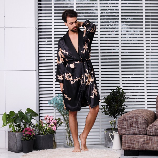 Mens Summer Sation Kimono Robe Lightweight Luxury Dragon Print Black