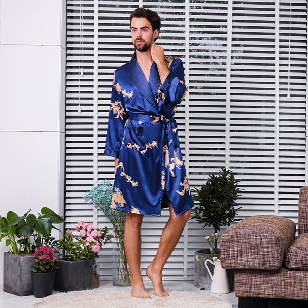 Mens Summer Sation Kimono Robe Lightweight Luxury Dragon Print Blue