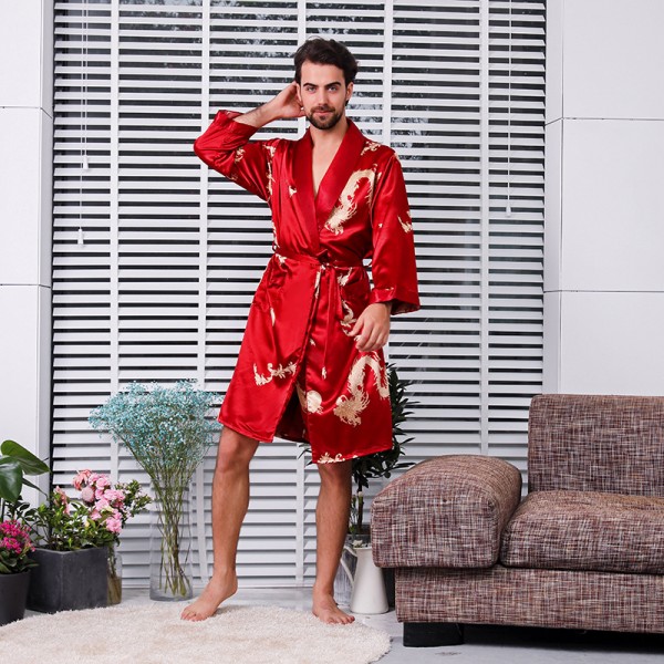 Mens Summer Sation Kimono Robe Lightweight Luxury Dragon Print Red