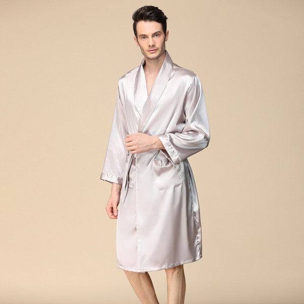 Mens Summer Lightweight Satin Kimono Robe Silver Long Sleeve