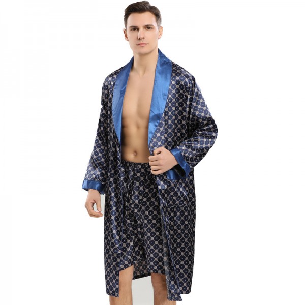 Mens Kimono Robe With Shorts Sets Navy Light Weight Homewear
