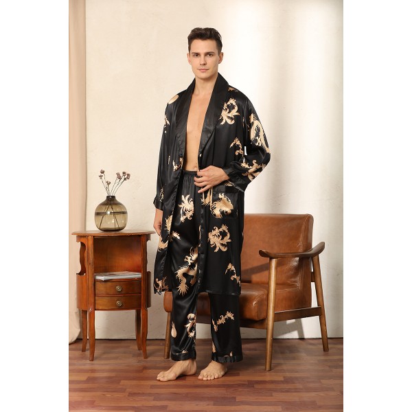 Mens Kimono Robe And Pants Pajamas Sets Dragon Luxurious Print Black