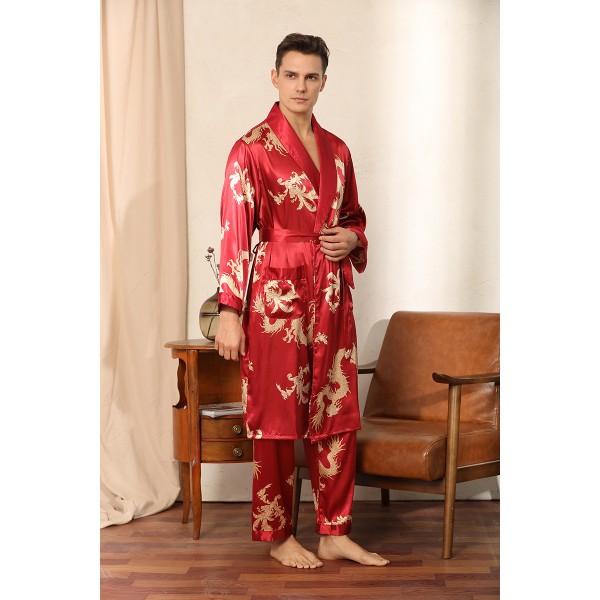 Mens Kimono Robe And Pants Pajamas Sets Dragon Luxurious Print Red