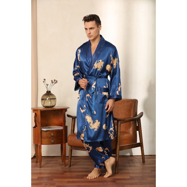 Mens Kimono Robe And Pants Pajamas Sets Dragon Luxurious Print Blue