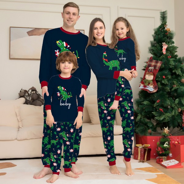 Cute Dinosaur Christmas Pajamas For Adults & Kids Matching Couples Pjs Dark Blue
