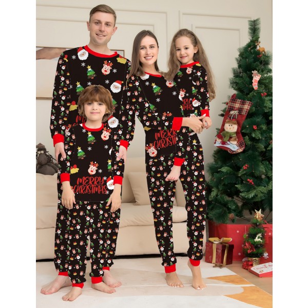 Black Christmas Family Pajamas Cute Reindeer Santa Claus Print