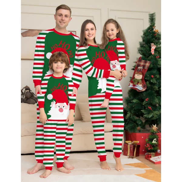 Santa Claus Family Pajamas Couples Christmas Holiday Pjs Green & Red Stripe