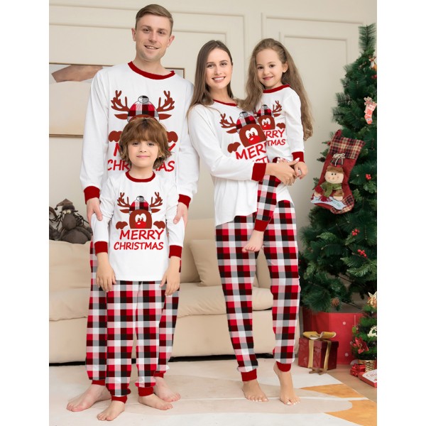 Cute Reindeer Family Pajamas Plaid Christmas Holiday Pjs White