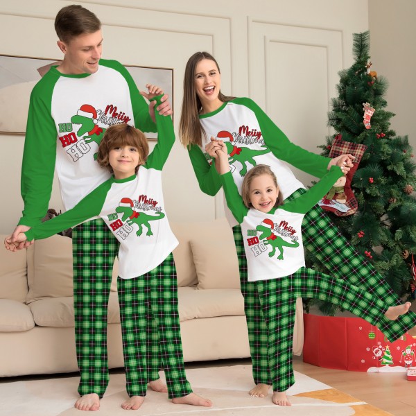 Green Plaid Family Pajamas Cute Dinosaur Christmas Holiday Pjs