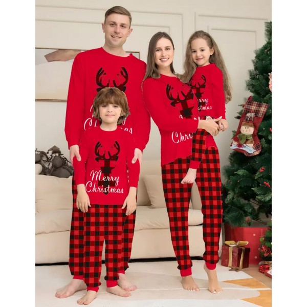 Red Plaid Christmas Family Couples Pajamas Reindeer Print
