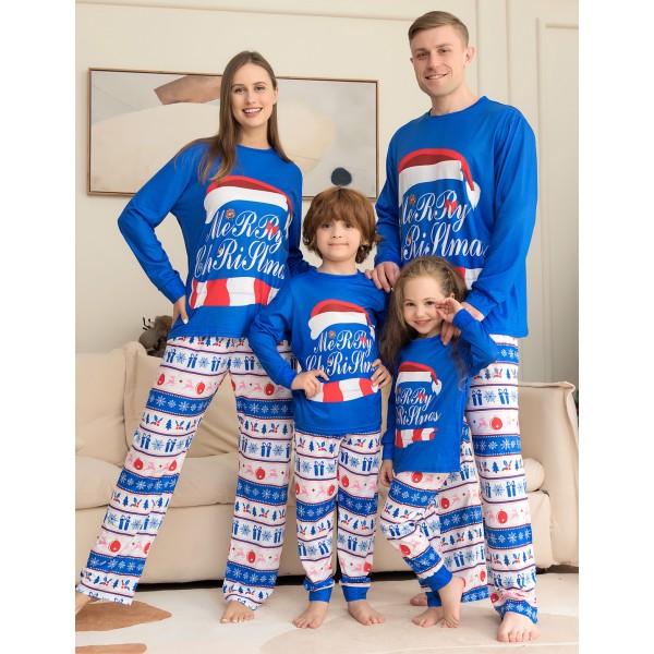 Blue Matching Family Pajamas Christmas Holiday Pjs Santa Hat Print
