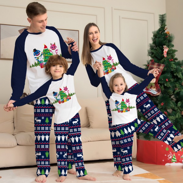 Cute Family Pajamas Stitch And Christmas Tree Print Holiday Pjs Navy