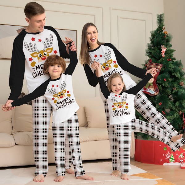 Black & White Plaid Christmas Family Pajamas Matching Couples Pjs Reindeer Print