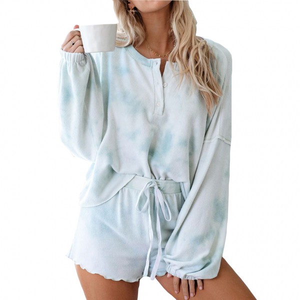 Womens Tie Dye Pajamas Set Long Sleeve & Shorts 2Pcs Sleepwear Blue