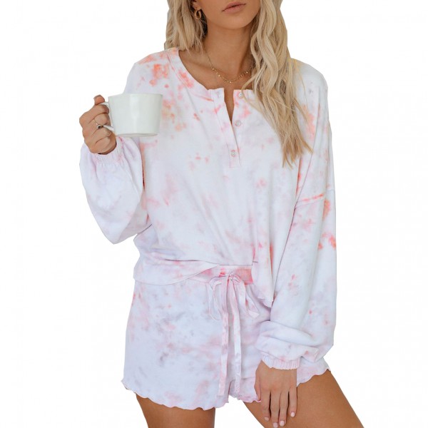 Womens Tie Dye Pajamas Set Long Sleeve & Shorts 2Pcs Sleepwear Pink