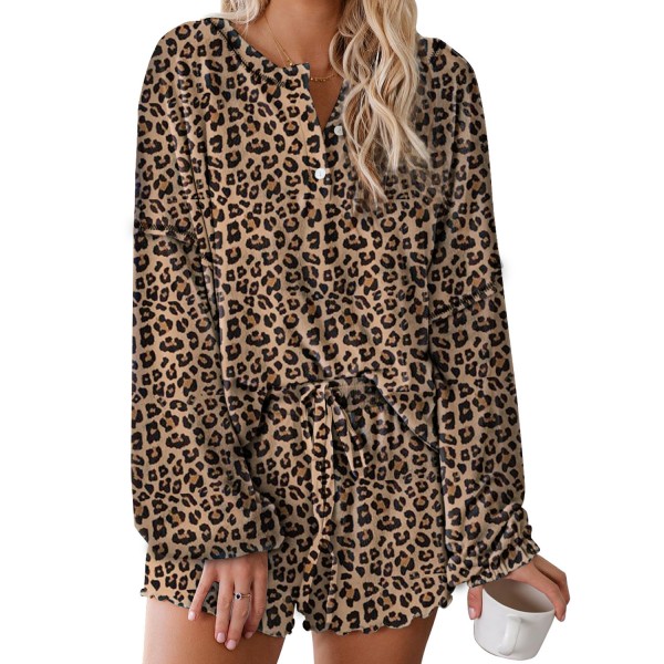 Leopard Print Two Piece Pajamas Set for Women Longer Sleepwear