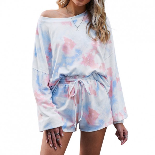 Women Tie Dye Pajamas Sets Pullover Two Pieces Long Sleeve Lounge