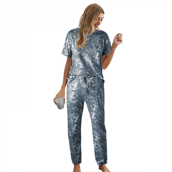 Gray Tie Dye Lounge Set for Women Short Sleeve Jogger Sweat Suit