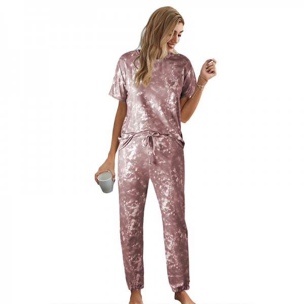Pink Tie Dye Lounge Set for Women Short Sleeve Jogger Sweat Suit